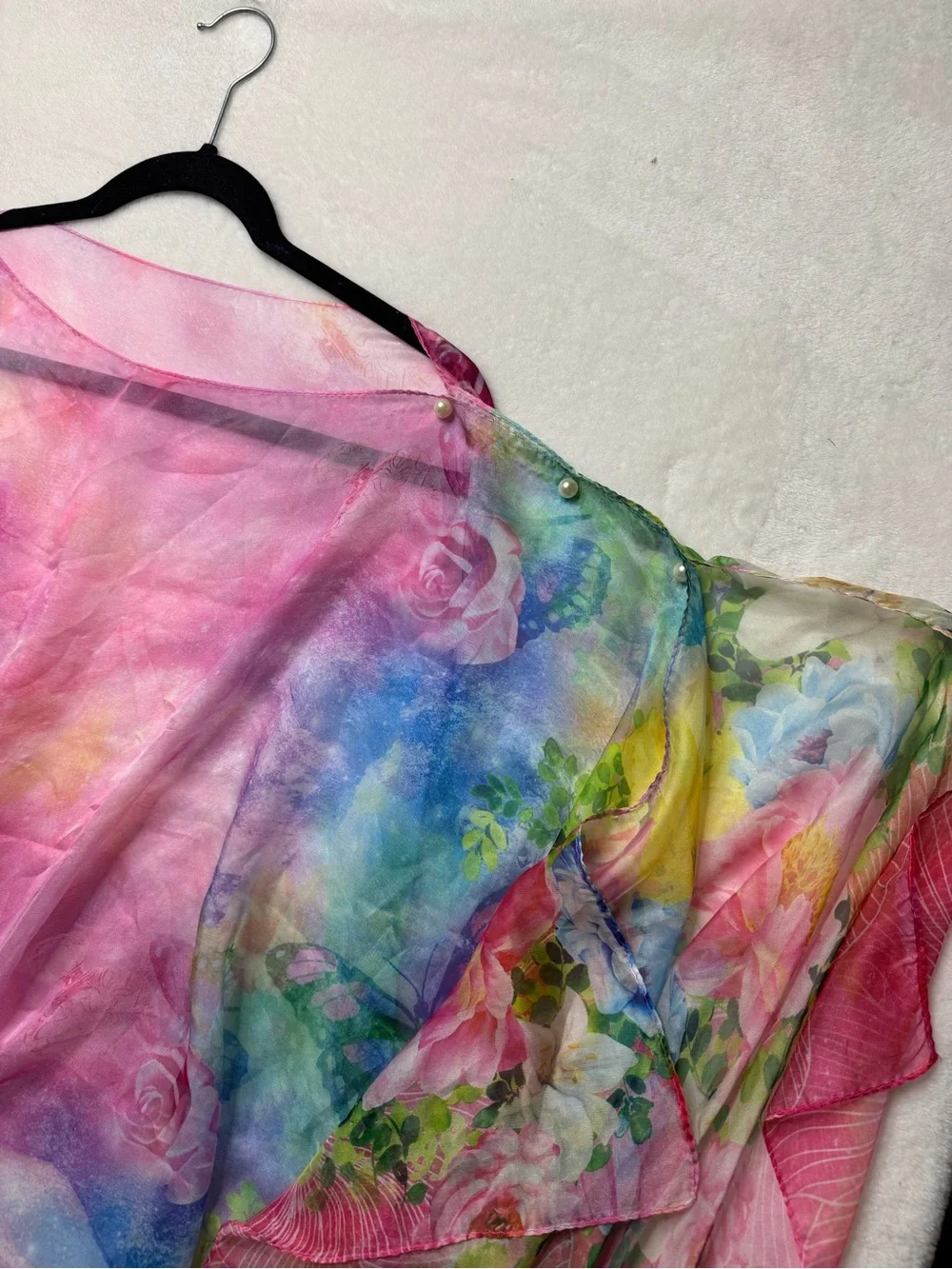 100% Silk Chiffon Sheer Floral Poncho Wrap Top Shawl Pearls Boho Resortwear